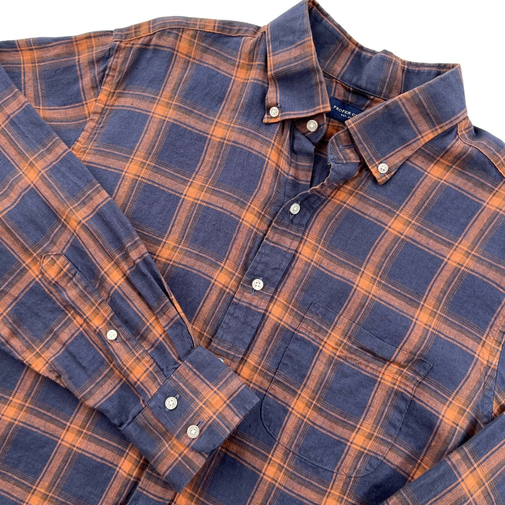 Proper Cloth Linen Button Down Shirt Mens Large Blue Orange Plaid Long Sleeve
